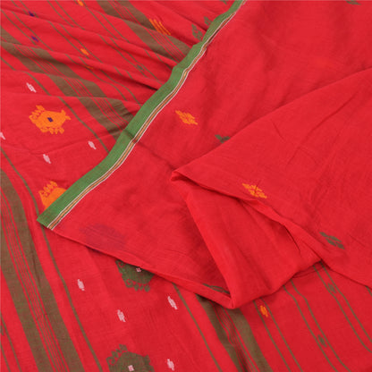 Sanskriti Vintage Red Sarees Pure Cotton Hand Woven Tant Sari 5+ yd Craft Fabric