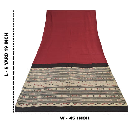 Sanskriti Vintage Red/Black Sarees Pure Silk Hand Woven Sari 6+ yd Craft Fabric