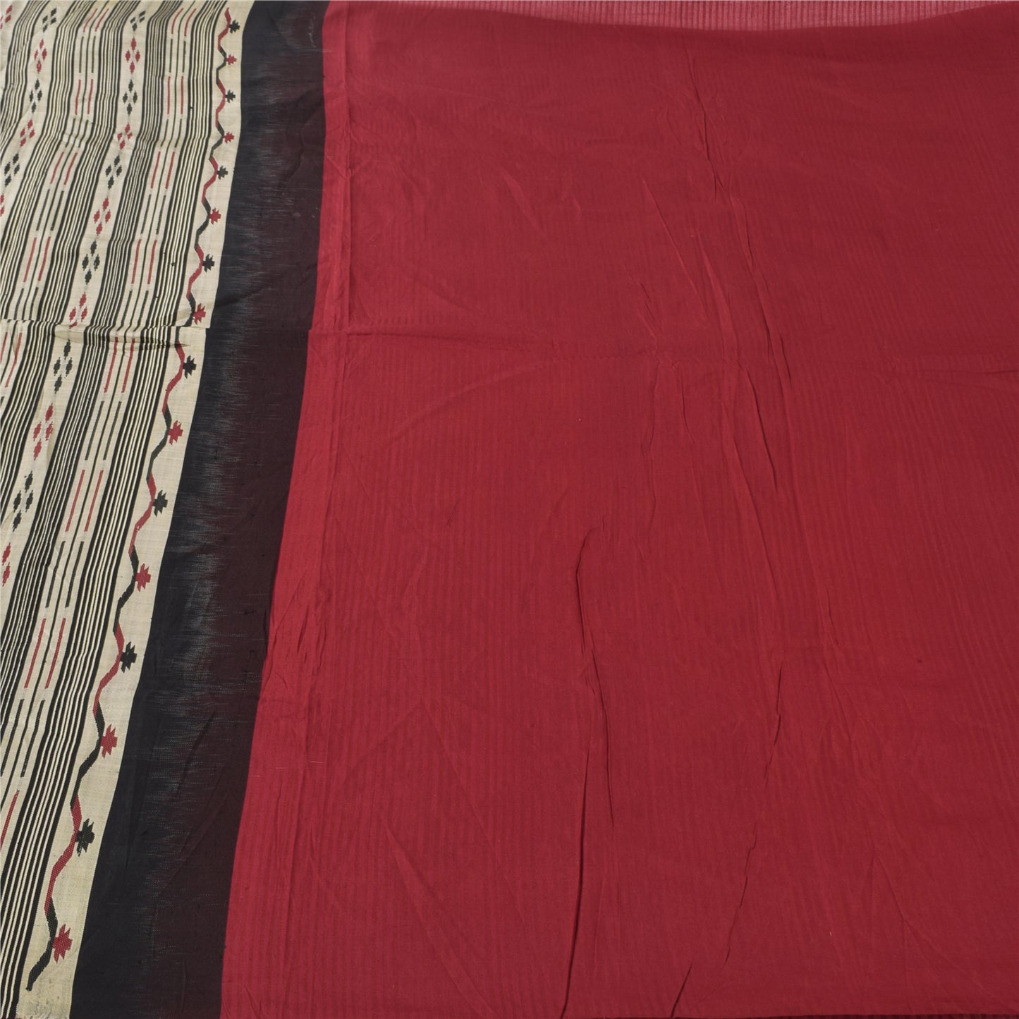 Sanskriti Vintage Red/Black Sarees Pure Silk Hand Woven Sari 6+ yd Craft Fabric