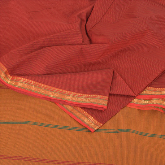 Sanskriti Vintage Red/Brown Sarees Pure Cotton Woven Premium Sari Craft Fabric