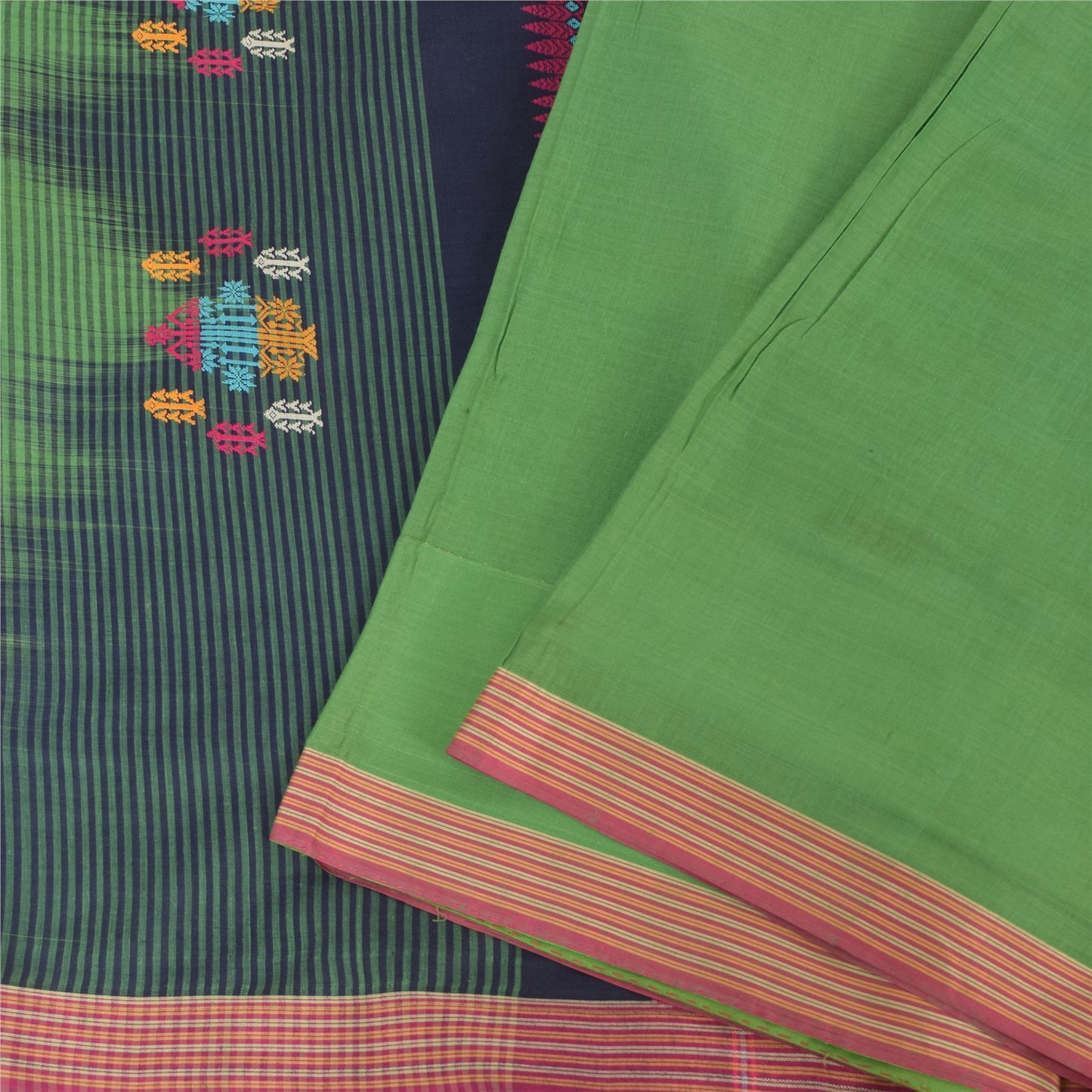 Sanskriti Vintage Dark Blue/Green Sarees Pure Cotton Woven Premium Sari Fabric