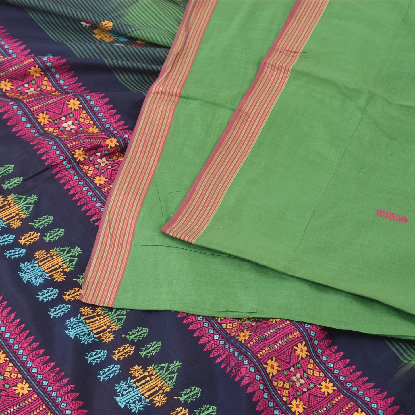 Sanskriti Vintage Dark Blue/Green Sarees Pure Cotton Woven Premium Sari Fabric