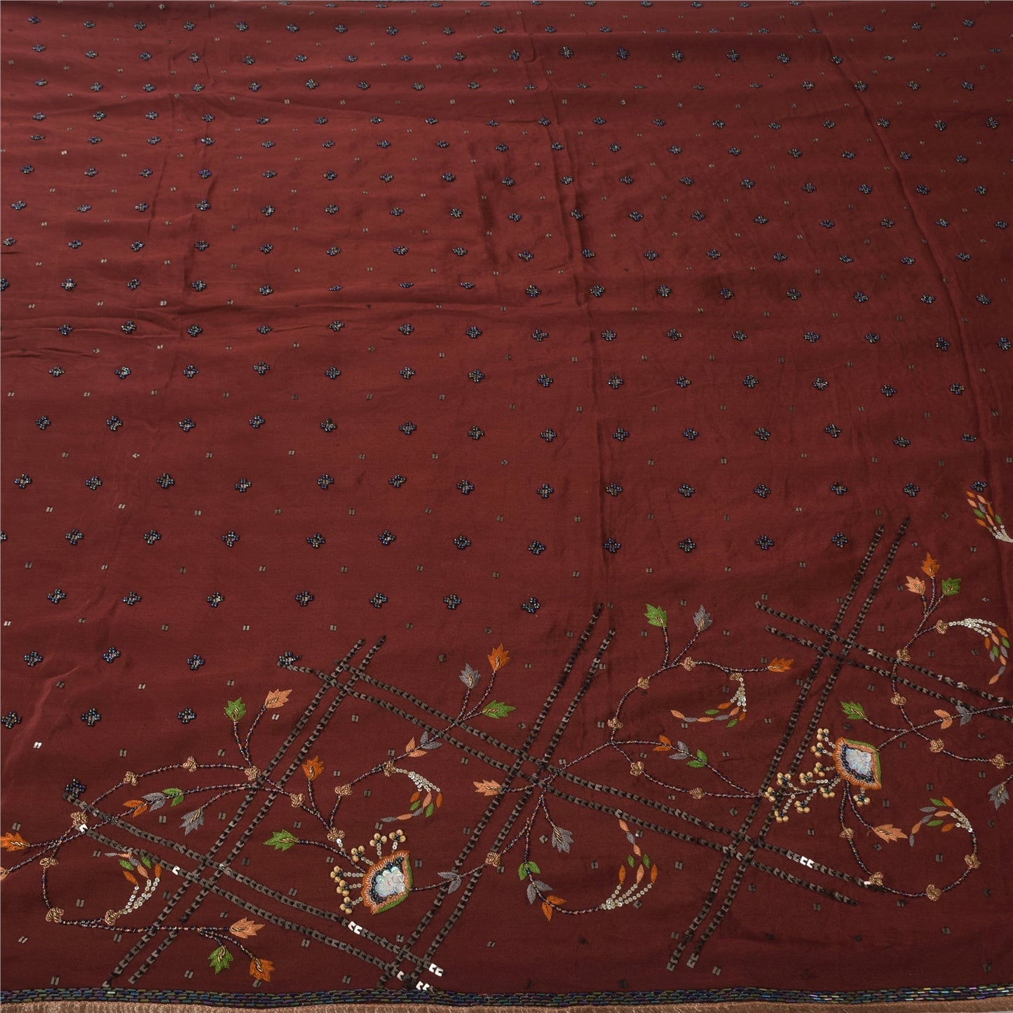 Sanskriti Vintage Dark Red Sarees Pure Silk Hand Beaded Ethnic Sari Craft Fabric