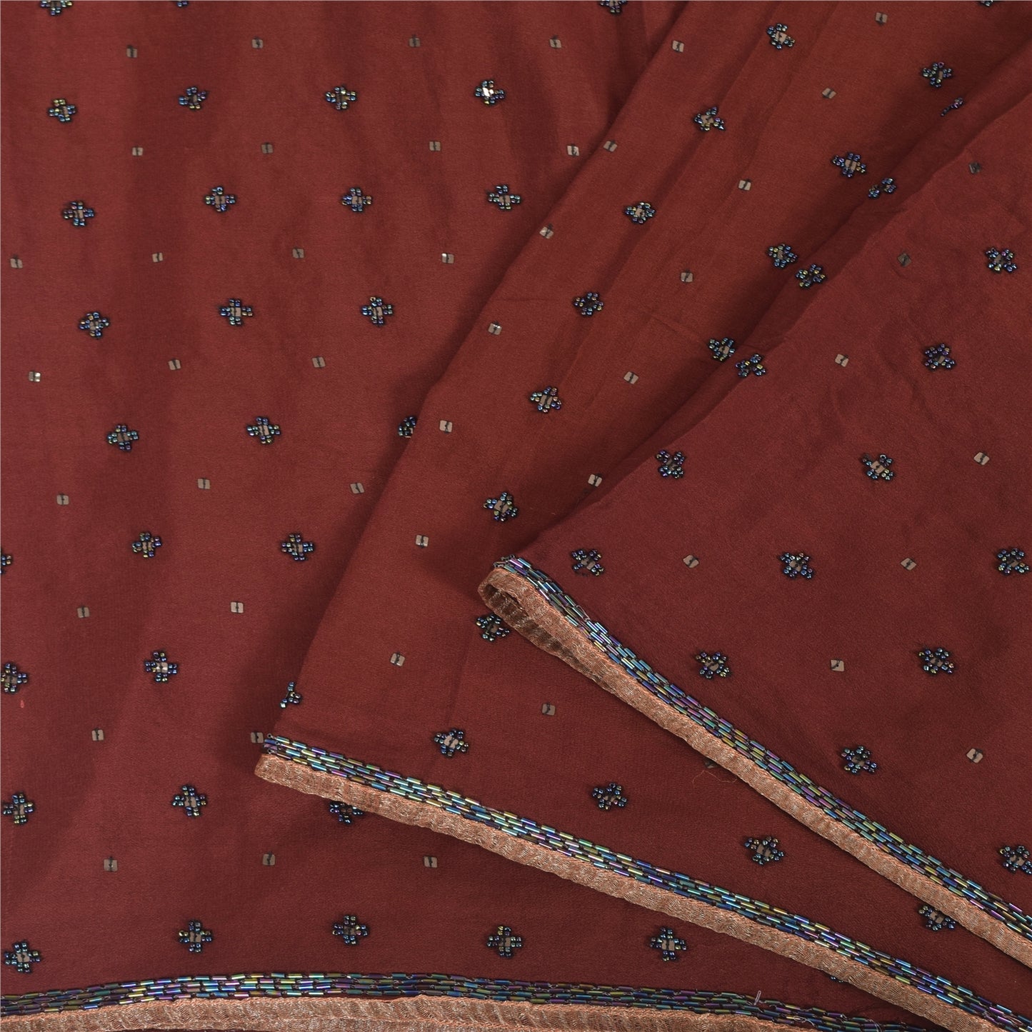 Sanskriti Vintage Dark Red Sarees Pure Silk Hand Beaded Ethnic Sari Craft Fabric