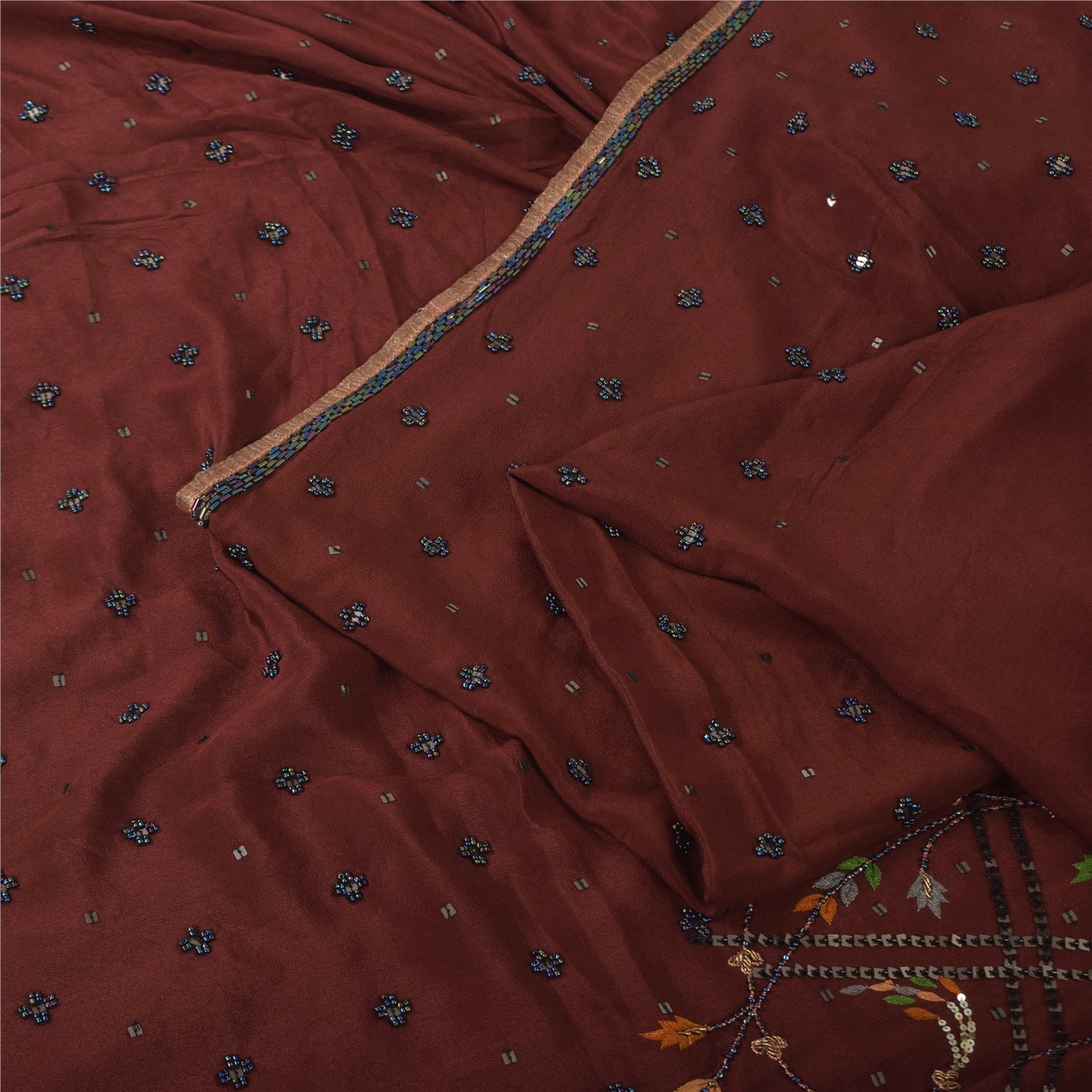 Sanskriti Vintage Dark Red Sarees Pure Silk Hand Beaded Ethnic Sari Craft Fabric