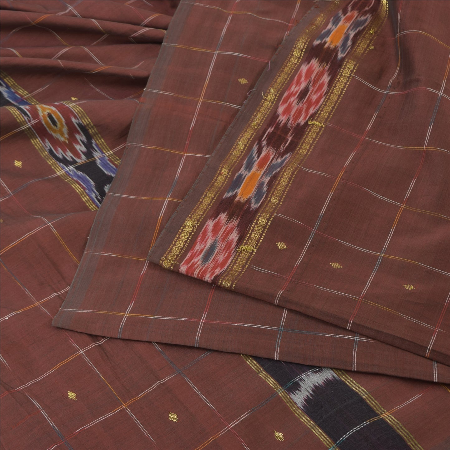 Sanskriti Vintage Brown Sarees Pure Silk Woven Ikat Premium Sari 5ydCraft Fabric