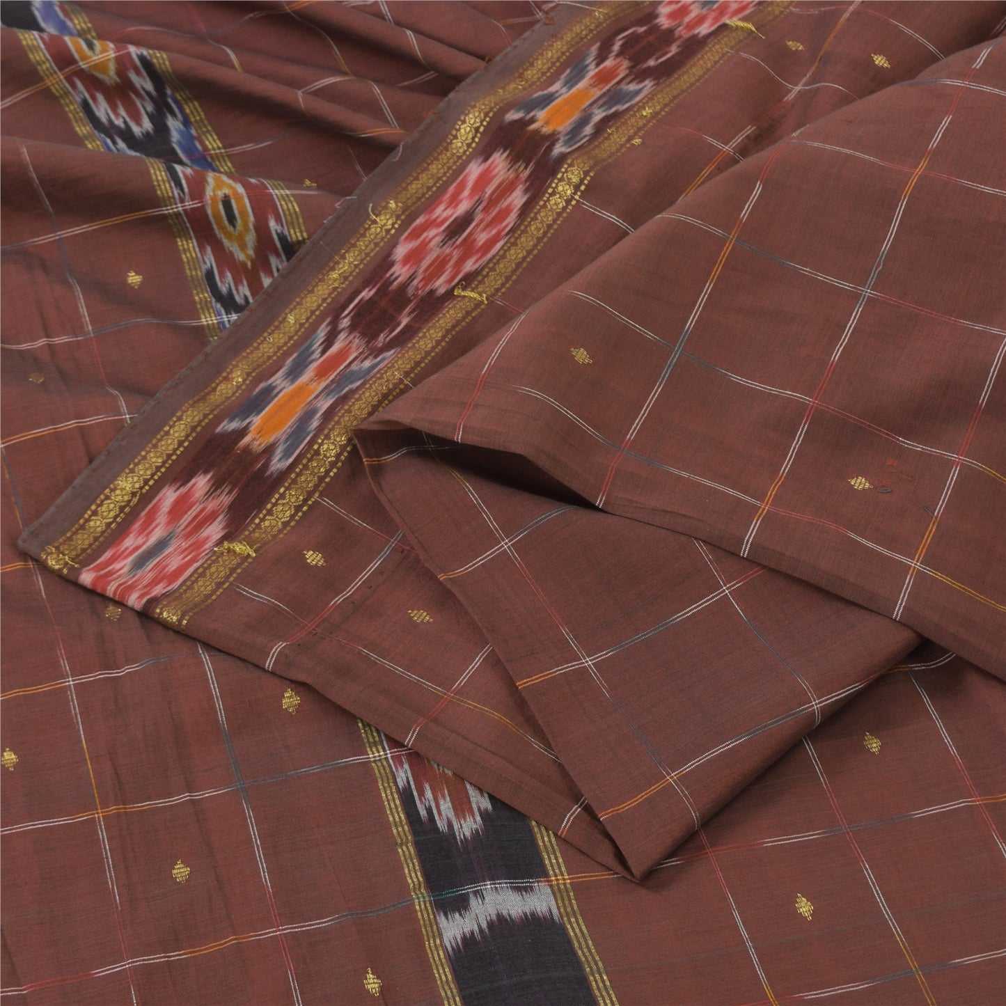 Sanskriti Vintage Brown Sarees Pure Silk Woven Ikat Premium Sari 5ydCraft Fabric