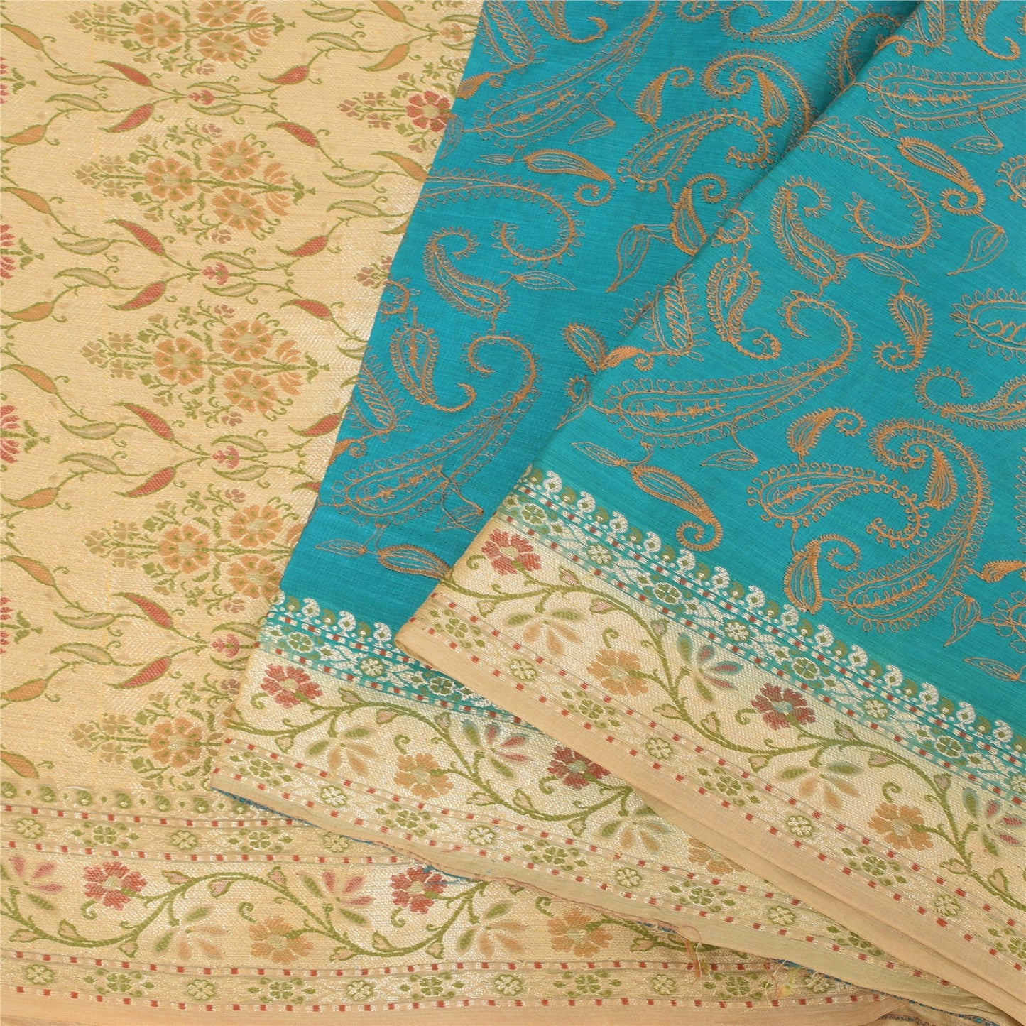 Sanskriti Vintage Blue/Cream Sarees Pure Silk Hand Embroidered Sari Craft Fabric