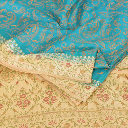 Sanskriti Vintage Blue/Cream Sarees Pure Silk Hand Embroidered Sari Craft Fabric