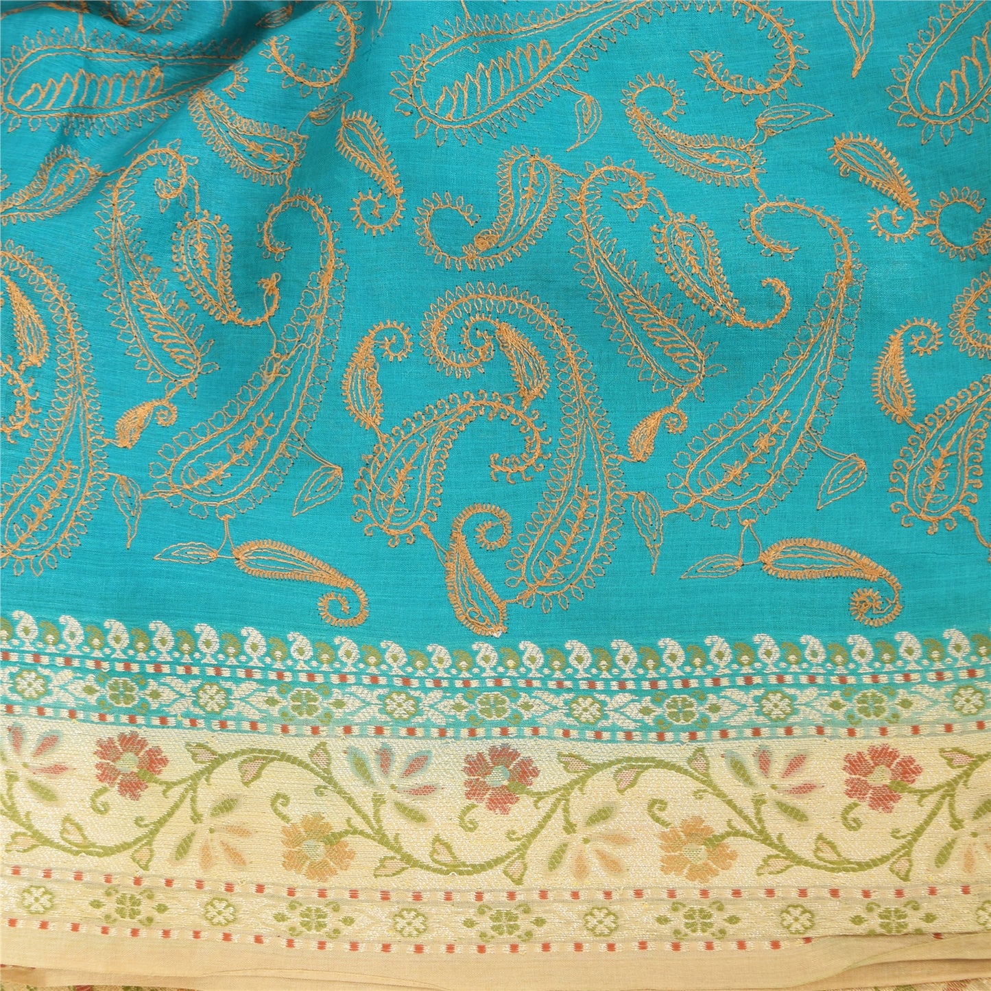 Sanskriti Vintage Blue/Cream Sarees Pure Silk Hand Embroidered Sari Craft Fabric