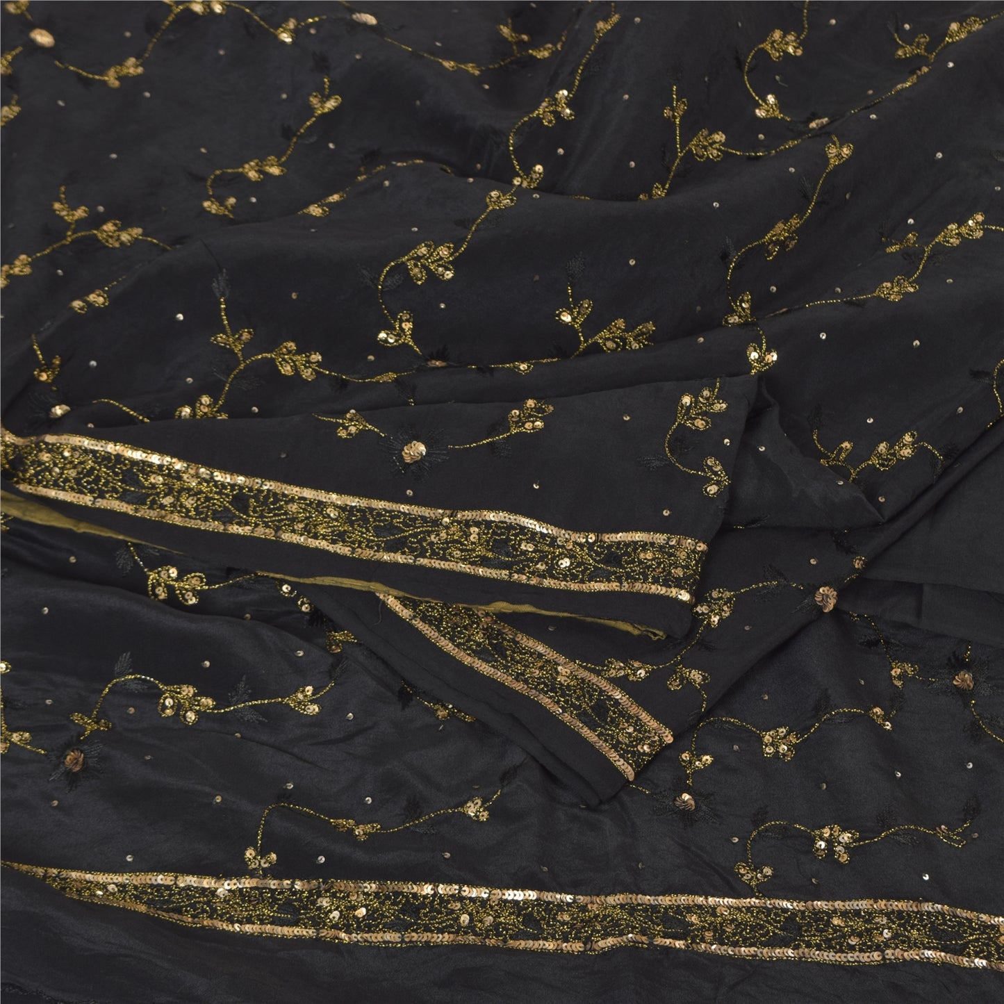 Sanskriti Vintage Black Sarees Pure Silk Hand Beaded Premium Sari Craft Fabric