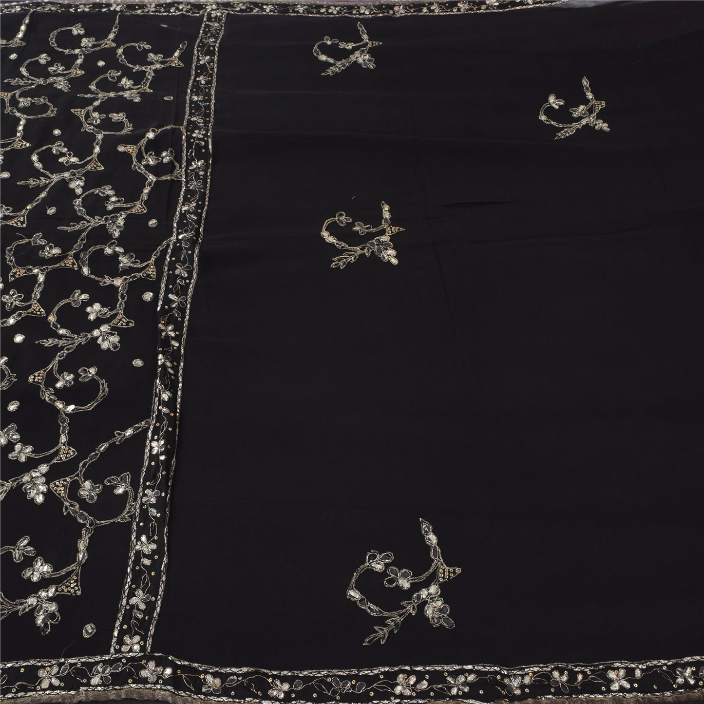 Sanskriti Vintage Black Sarees Pure Georgette Hand Beaded Gota Patti Sari Fabric