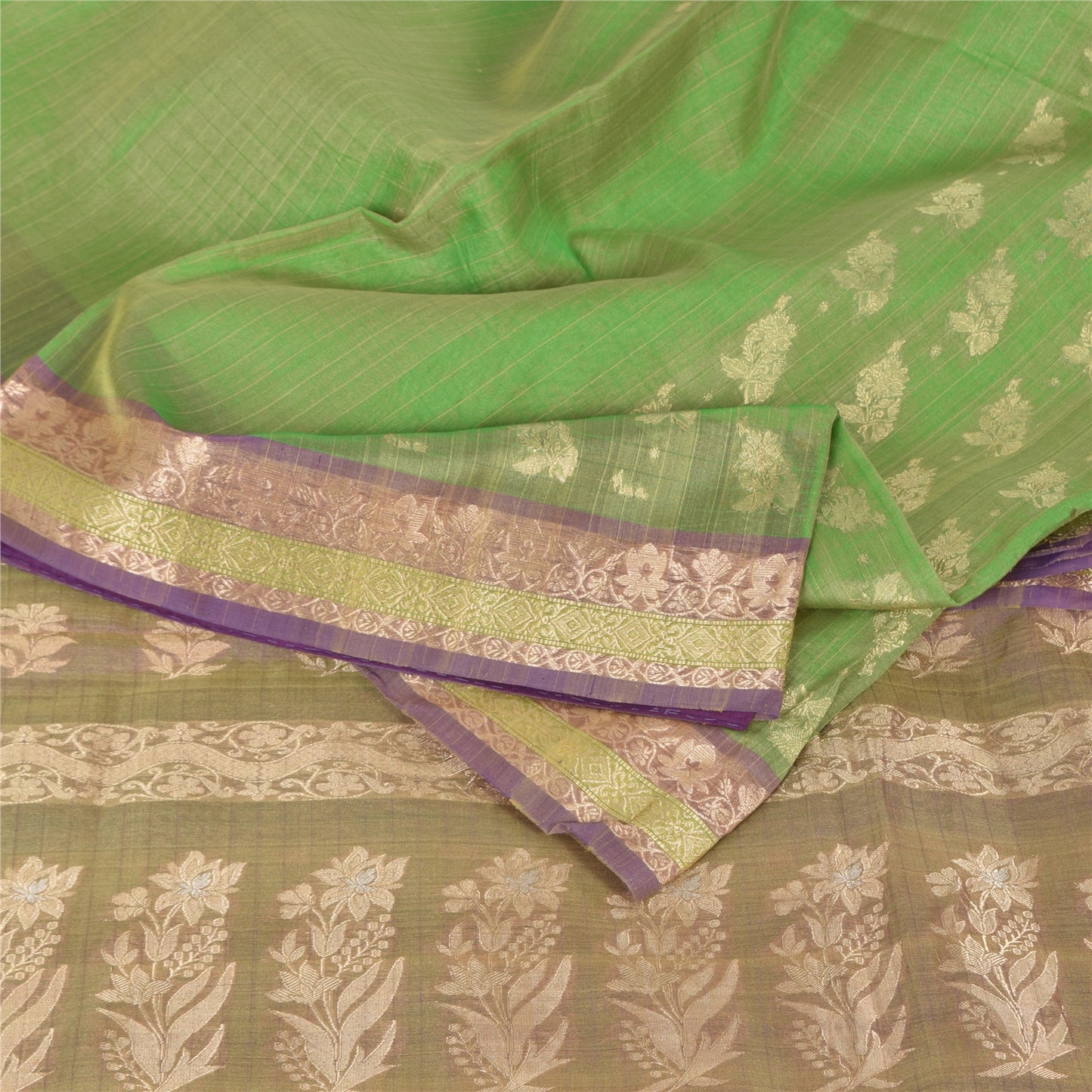 Sanskriti Vintage Green/Brown Sarees Pure Silk Woven Premium Sari Craft Fabric