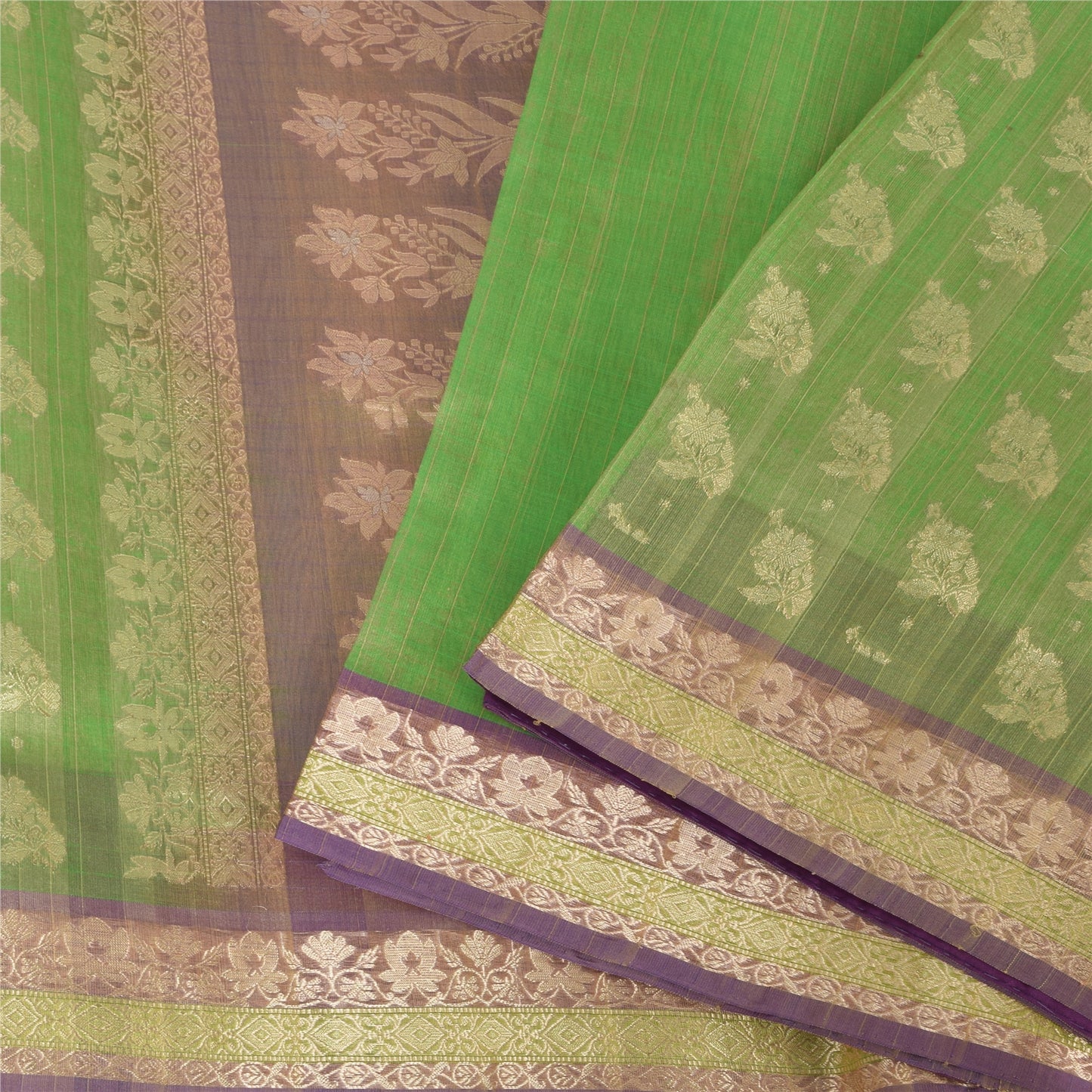 Sanskriti Vintage Green/Brown Sarees Pure Silk Woven Premium Sari Craft Fabric