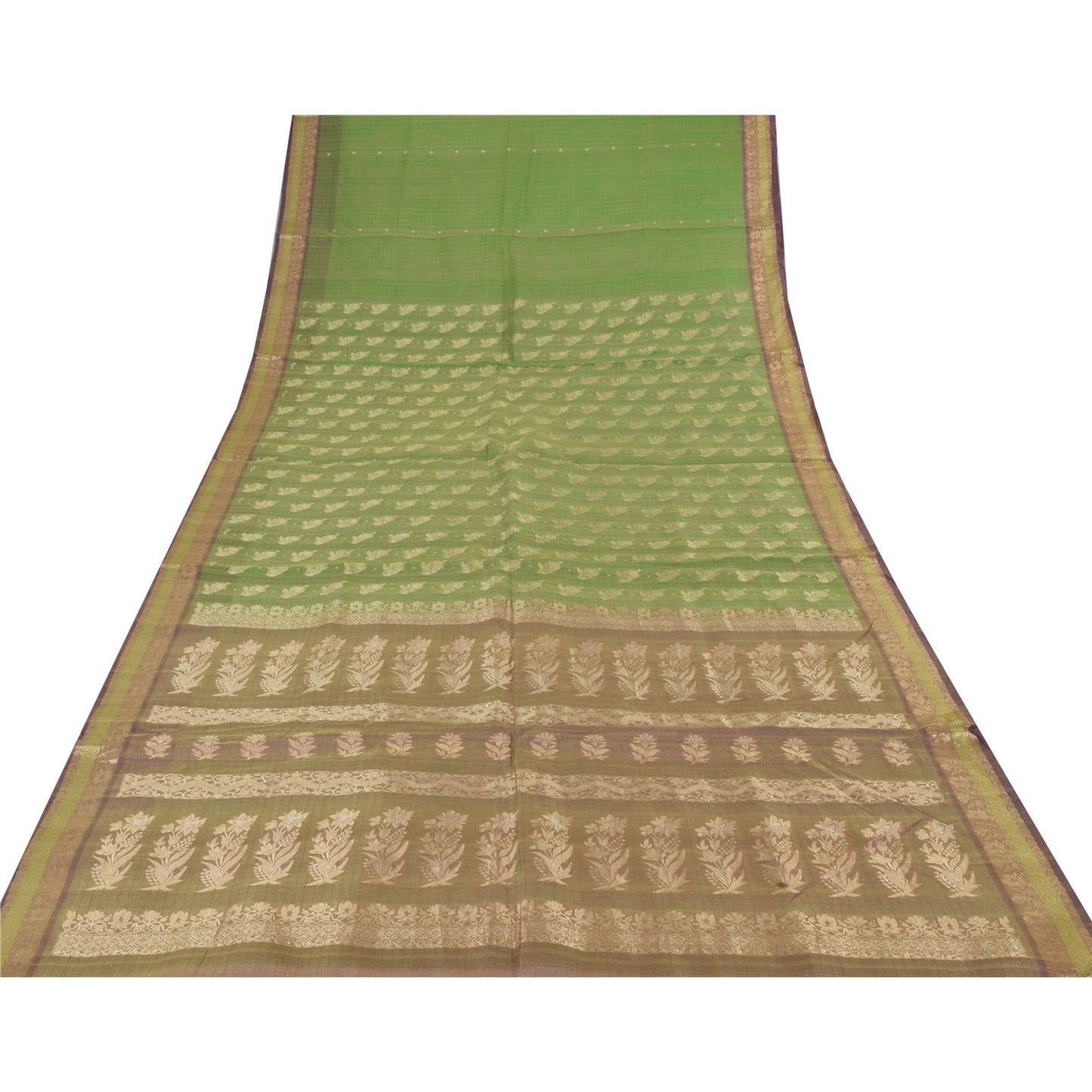 Sanskriti Vintage Green/Brown Sarees Pure Silk Woven Premium Sari Craft Fabric