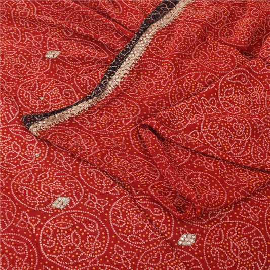 Sanskriti Vintage Red Sarees Pure Georgette Bandhani Printed Sari Craft Fabric