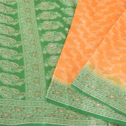 Sanskriti Vintage Green/Orange Sarees Pure Silk Woven Premium Sari Craft Fabric