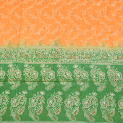 Sanskriti Vintage Green/Orange Sarees Pure Silk Woven Premium Sari Craft Fabric