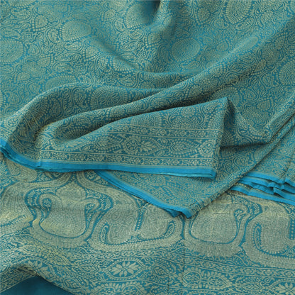 Sanskriti Vintage Sarees Wedding Blue HandWoven Pure Silk Sari 5+yd Craft Fabric