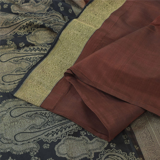 Sanskriti Vintage Sarees Dark Red Hand Woven Pure Silk Sari 5+yd Craft Fabric