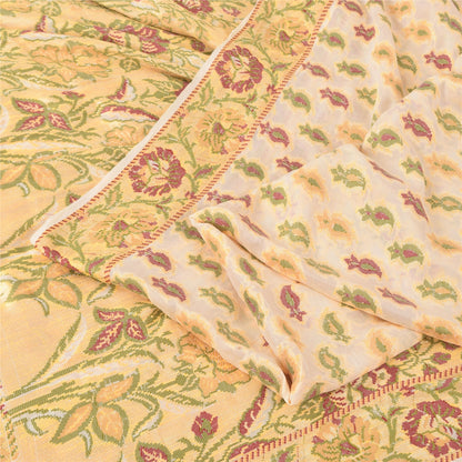 Sanskriti Vintage Sarees Cream/Peach Hand Woven Pure Silk Sari 5+yd Craft Fabric