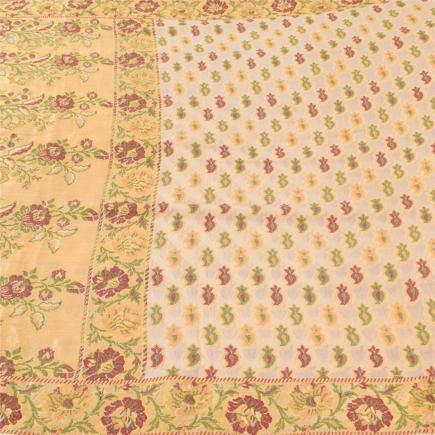 Sanskriti Vintage Sarees Cream/Peach Hand Woven Pure Silk Sari 5+yd Craft Fabric