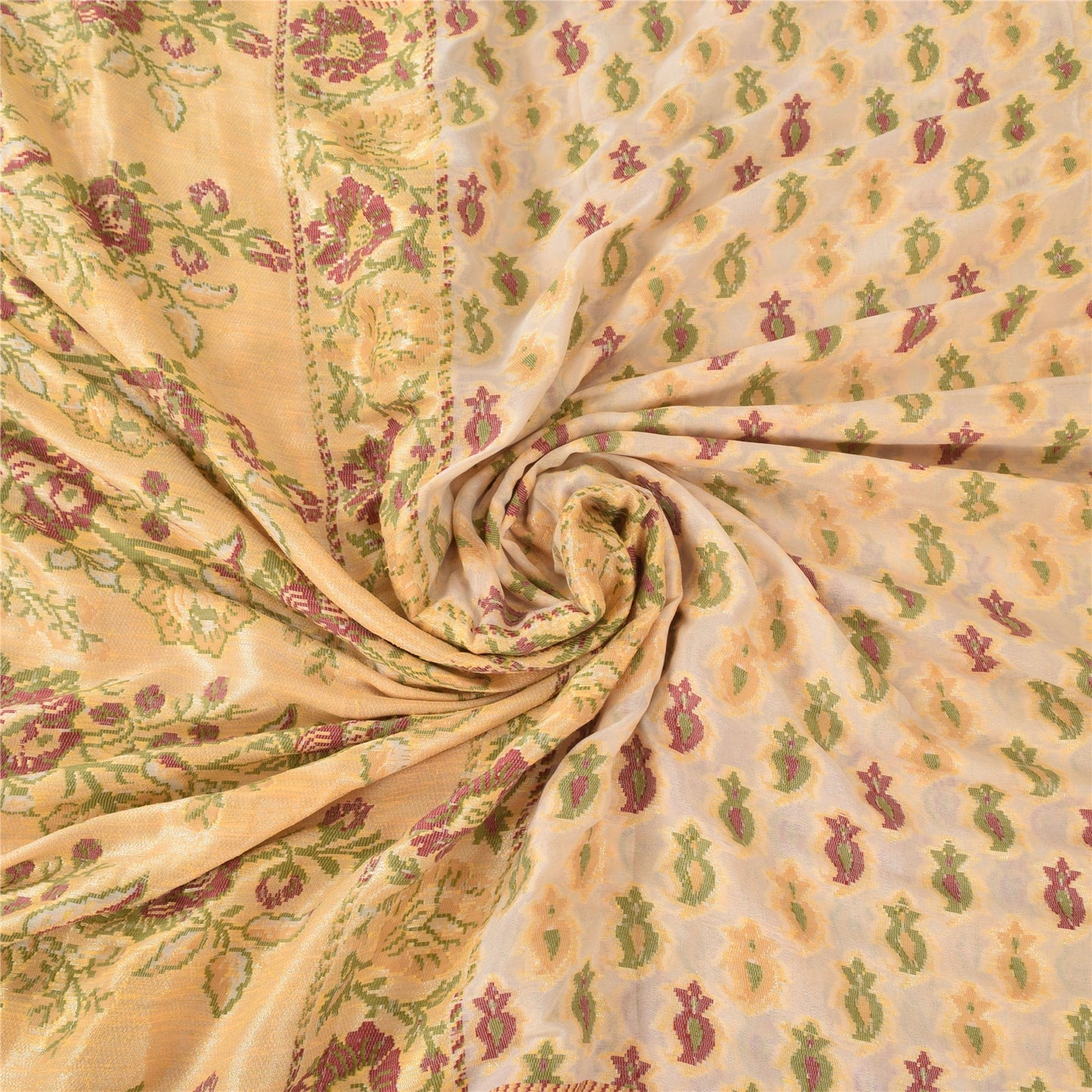 Sanskriti Vintage Sarees Cream/Peach Hand Woven Pure Silk Sari 5+yd Craft Fabric