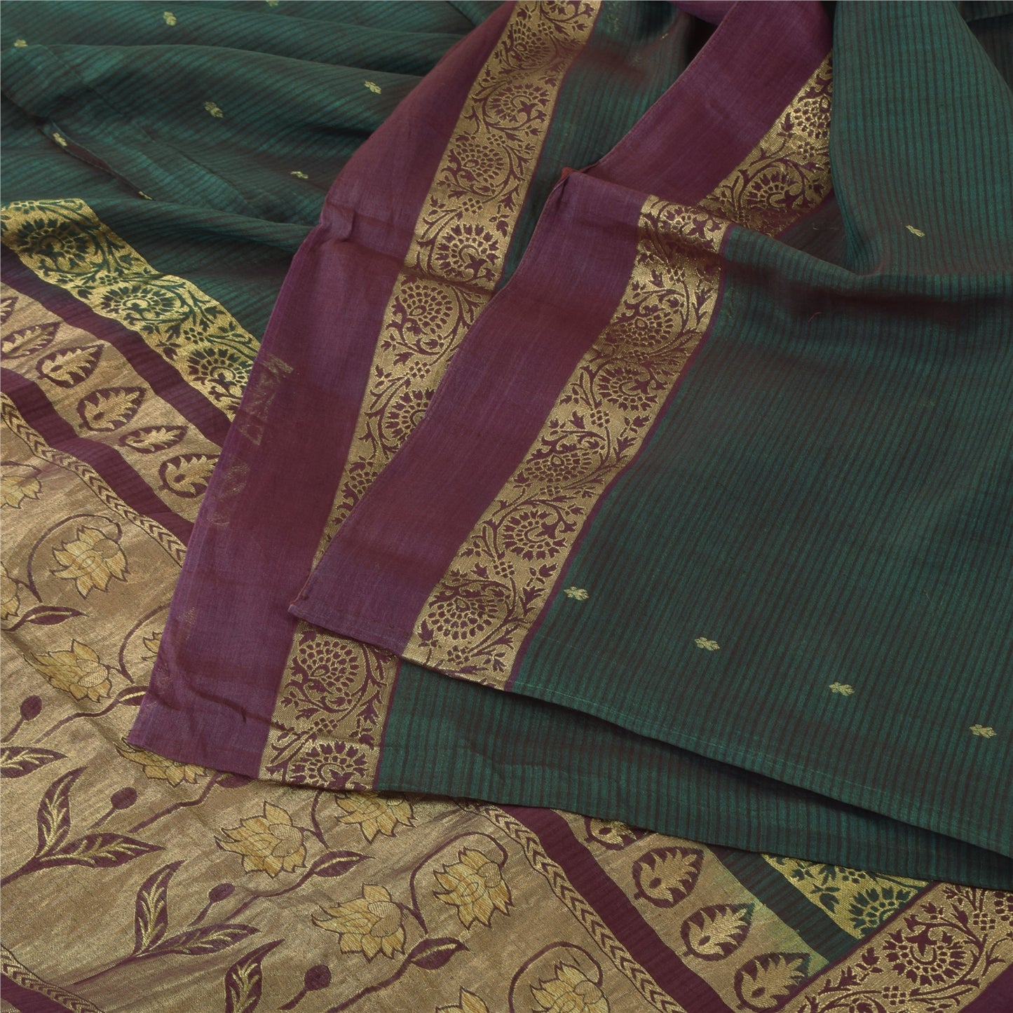 Sanskriti Vintage Dark Green/Purple Sarees Pure Silk Woven Premium Sari Fabric