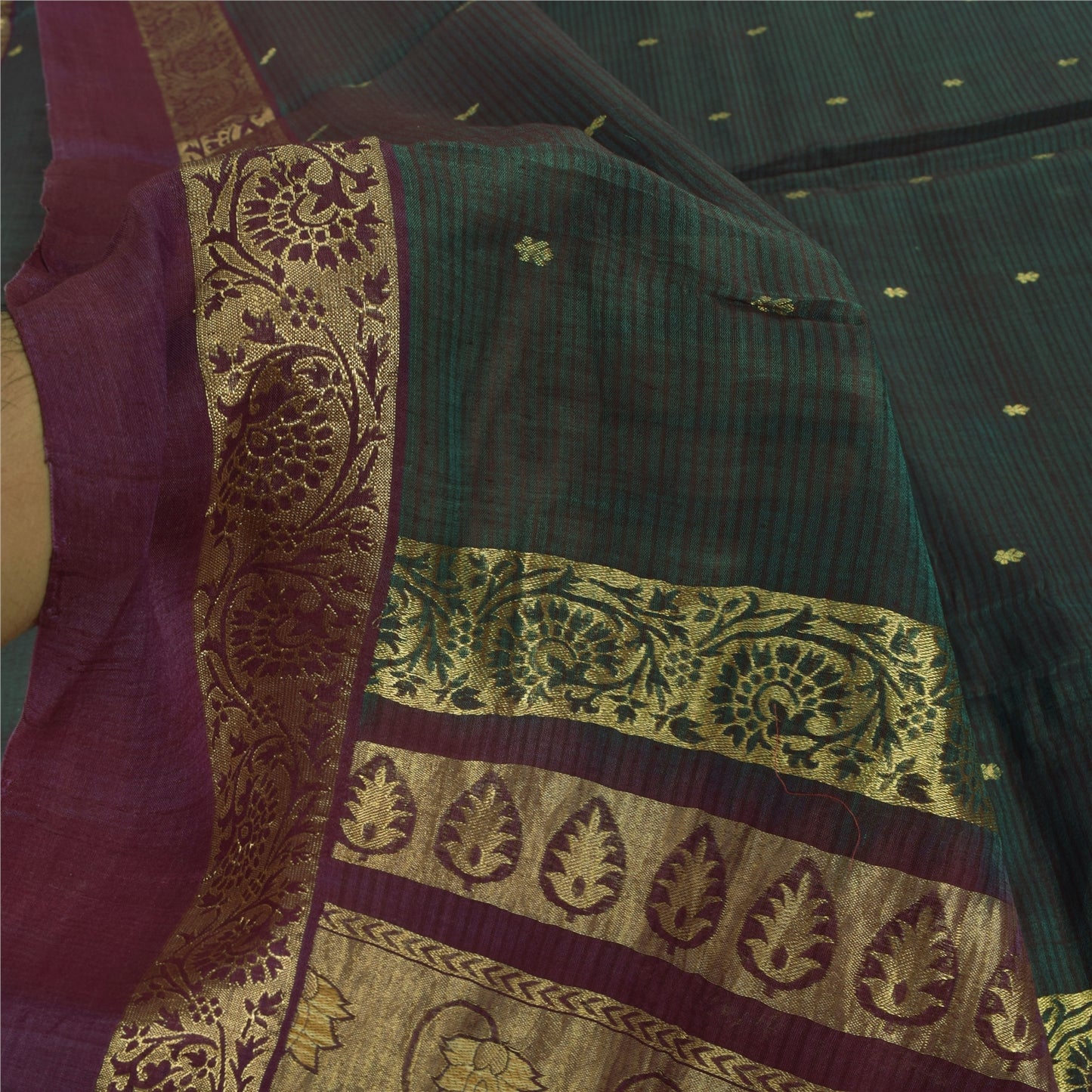 Sanskriti Vintage Dark Green/Purple Sarees Pure Silk Woven Premium Sari Fabric