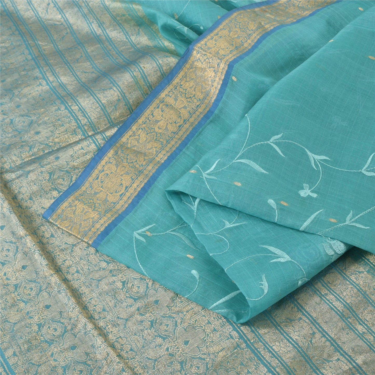 Sanskriti Vintage Blue Sarees Pure Silk Embroidery Ethnic Sari 5+yd Craft Fabric