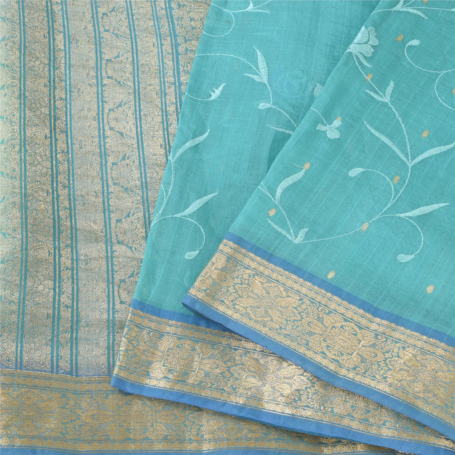 Sanskriti Vintage Blue Sarees Pure Silk Embroidery Ethnic Sari 5+yd Craft Fabric