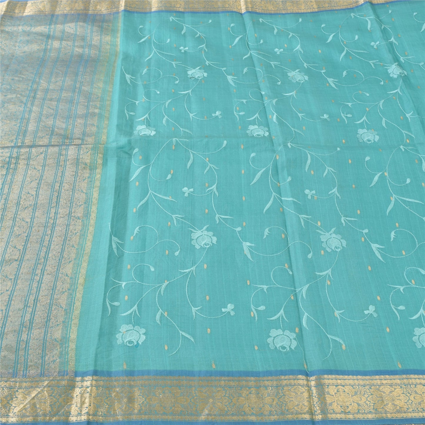 Sanskriti Vintage Blue Sarees Pure Silk Embroidery Ethnic Sari 5+yd Craft Fabric