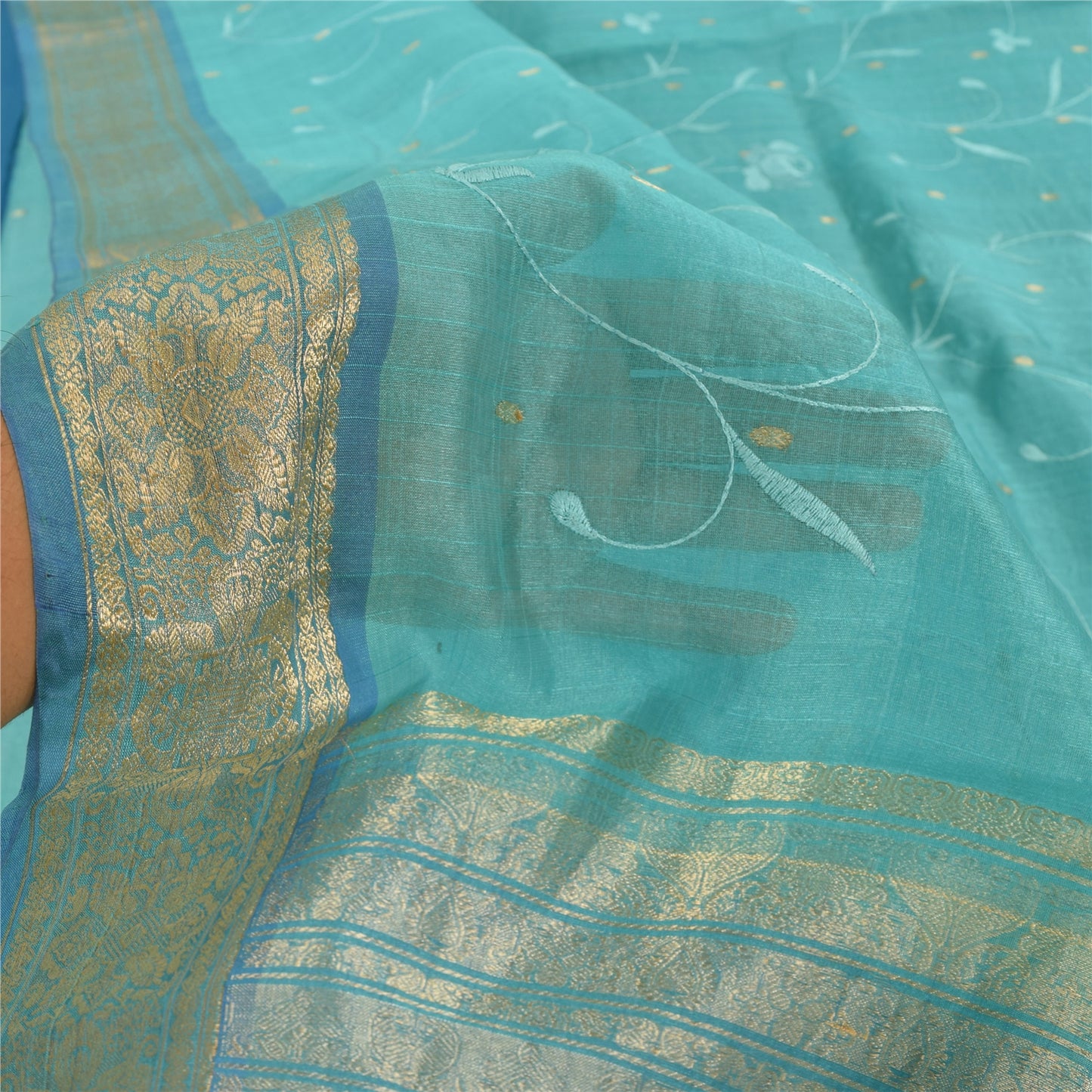 Sanskriti Vintage Blue Sarees Pure Silk Embroidery Ethnic Sari 5+yd Craft Fabric