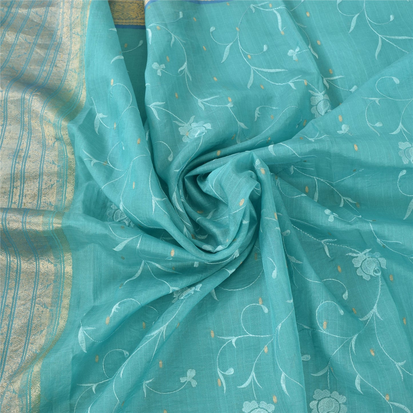 Sanskriti Vintage Blue Sarees Pure Silk Embroidery Ethnic Sari 5+yd Craft Fabric