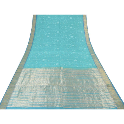 Sanskriti Vintage Blue Sarees Pure Silk Embroidery Ethnic Sari 5+yd Craft Fabric