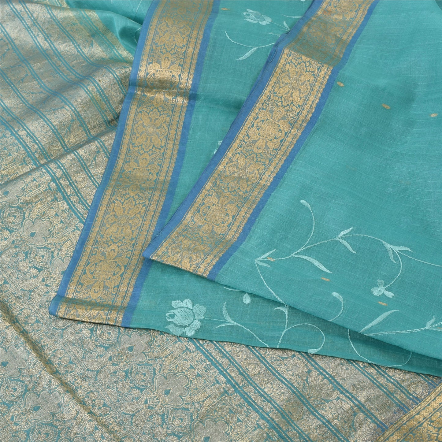 Sanskriti Vintage Blue Sarees Pure Silk Embroidery Ethnic Sari 5+yd Craft Fabric