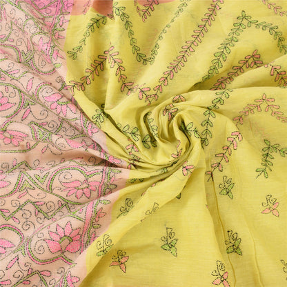 Sanskriti Vintage Yellow/Pink Sarees Pure Cotton Handmade Kantha Sari 5yd Fabric