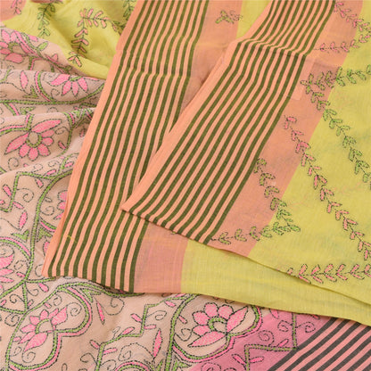 Sanskriti Vintage Yellow/Pink Sarees Pure Cotton Handmade Kantha Sari 5yd Fabric