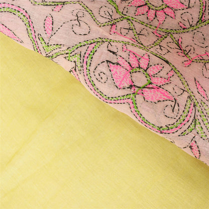 Sanskriti Vintage Yellow/Pink Sarees Pure Cotton Handmade Kantha Sari 5yd Fabric