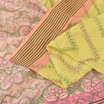 Sanskriti Vintage Yellow/Pink Sarees Pure Cotton Handmade Kantha Sari 5yd Fabric