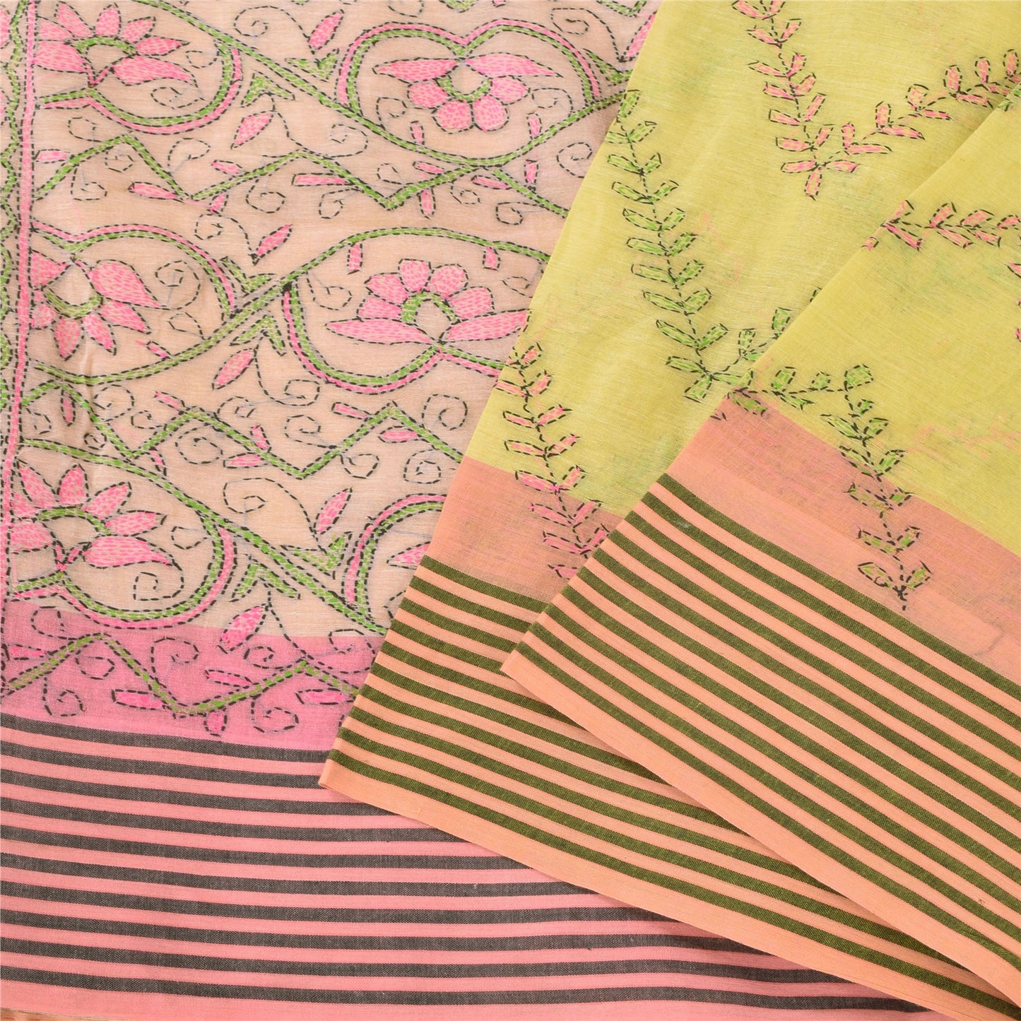 Sanskriti Vintage Yellow/Pink Sarees Pure Cotton Handmade Kantha Sari 5yd Fabric