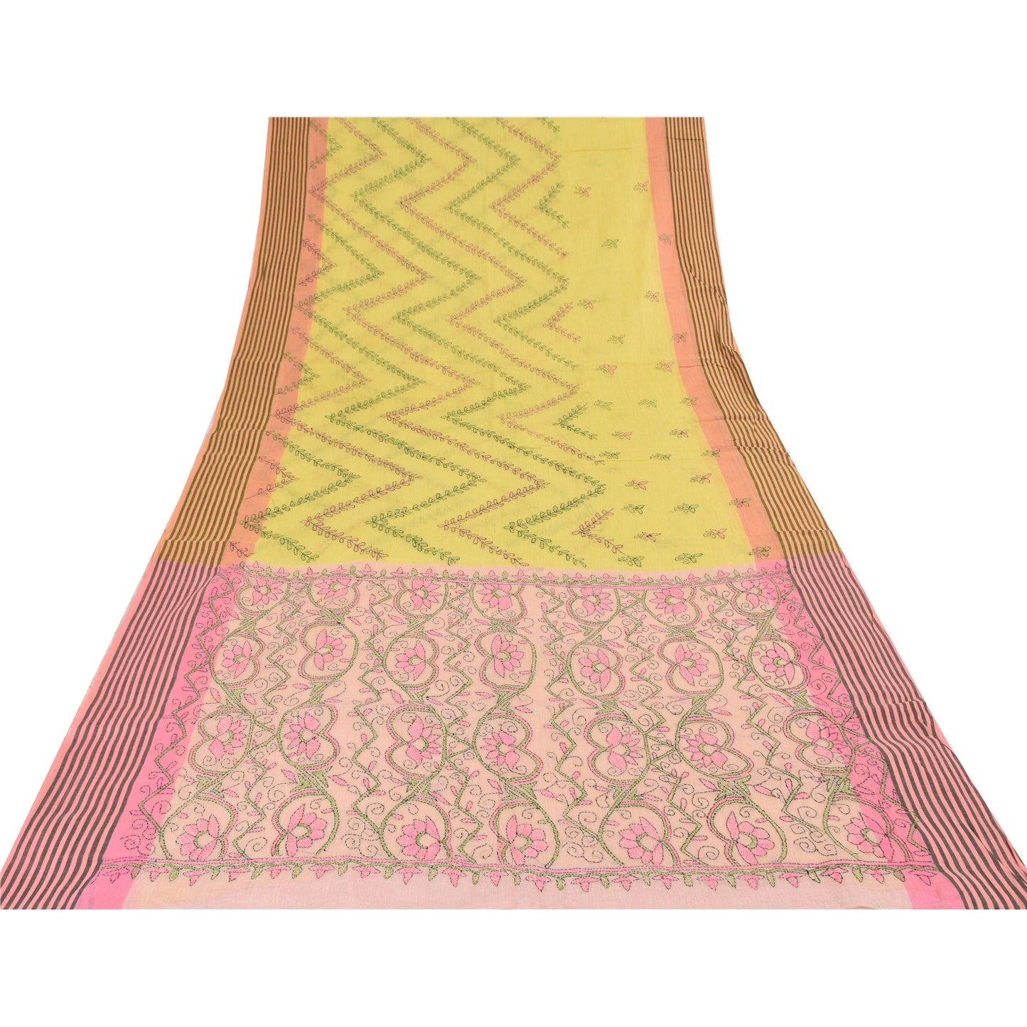 Sanskriti Vintage Yellow/Pink Sarees Pure Cotton Handmade Kantha Sari 5yd Fabric