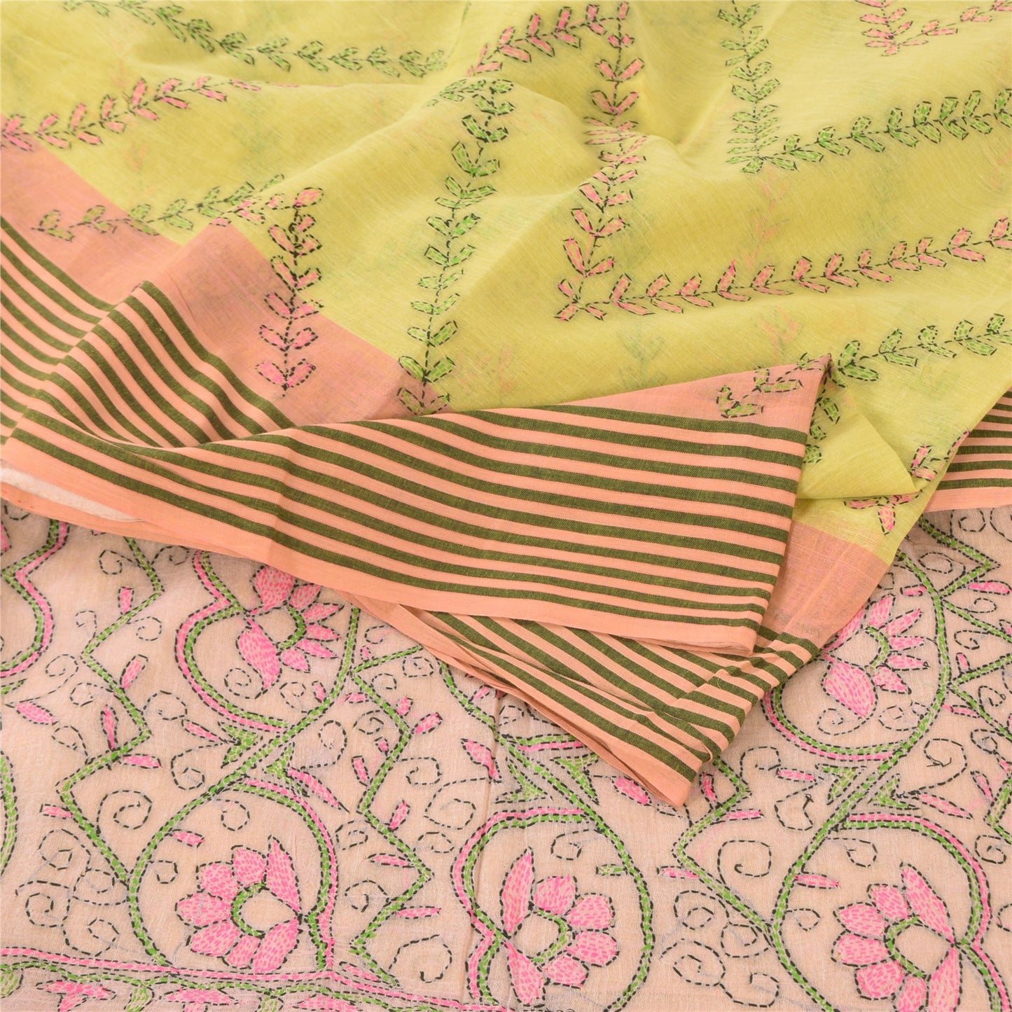 Sanskriti Vintage Yellow/Pink Sarees Pure Cotton Handmade Kantha Sari 5yd Fabric