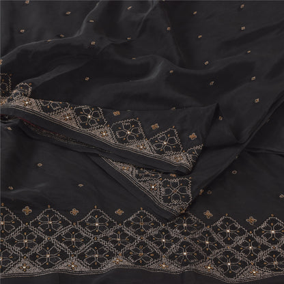 Sanskriti Vintage Black Sarees Pure Silk Hand Beaded Premium Sari Craft Fabric