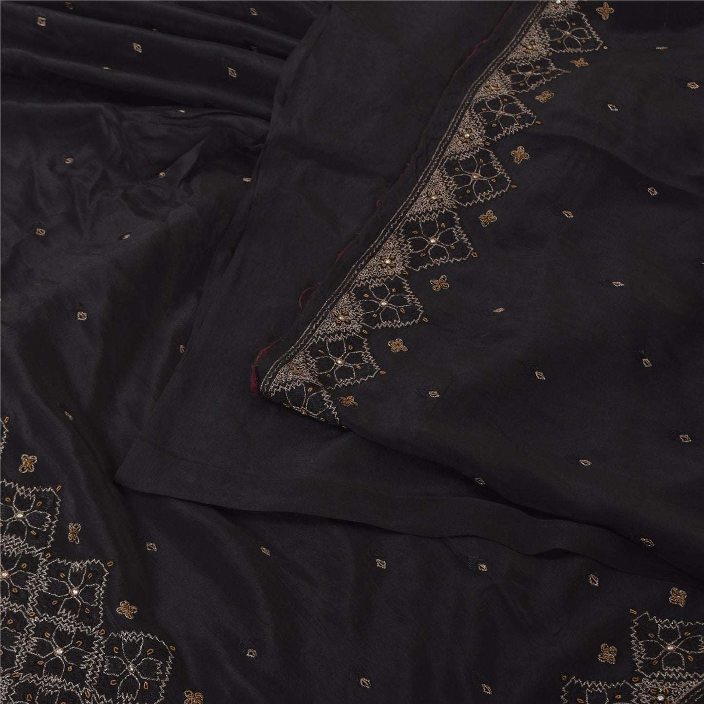 Sanskriti Vintage Black Sarees Pure Silk Hand Beaded Premium Sari Craft Fabric