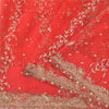 Sanskriti Vintage Red Sarees Net Mesh Hand Beaded Premium Sari 6yd Craft Fabric