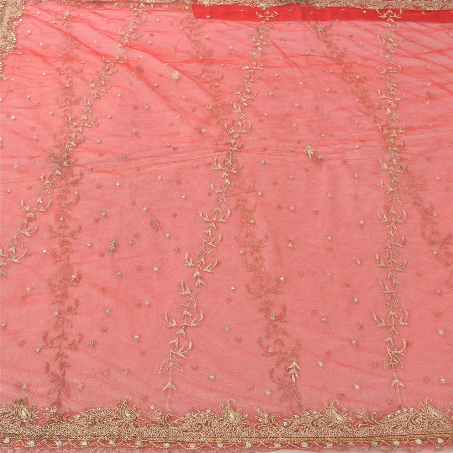 Sanskriti Vintage Red Sarees Net Mesh Hand Beaded Premium Sari 6yd Craft Fabric