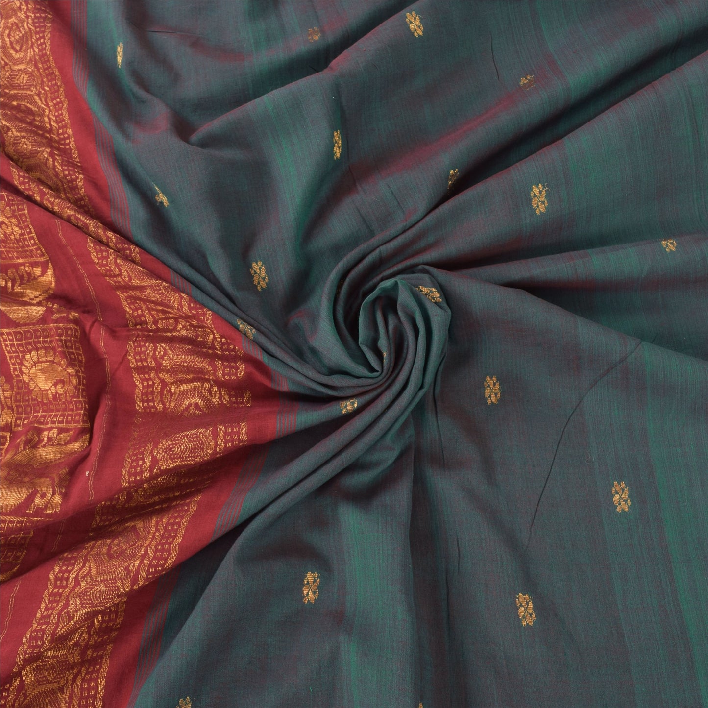 Sanskriti Vintage Green/Red Sarees Pure Cotton Woven Premium Sari Craft Fabric