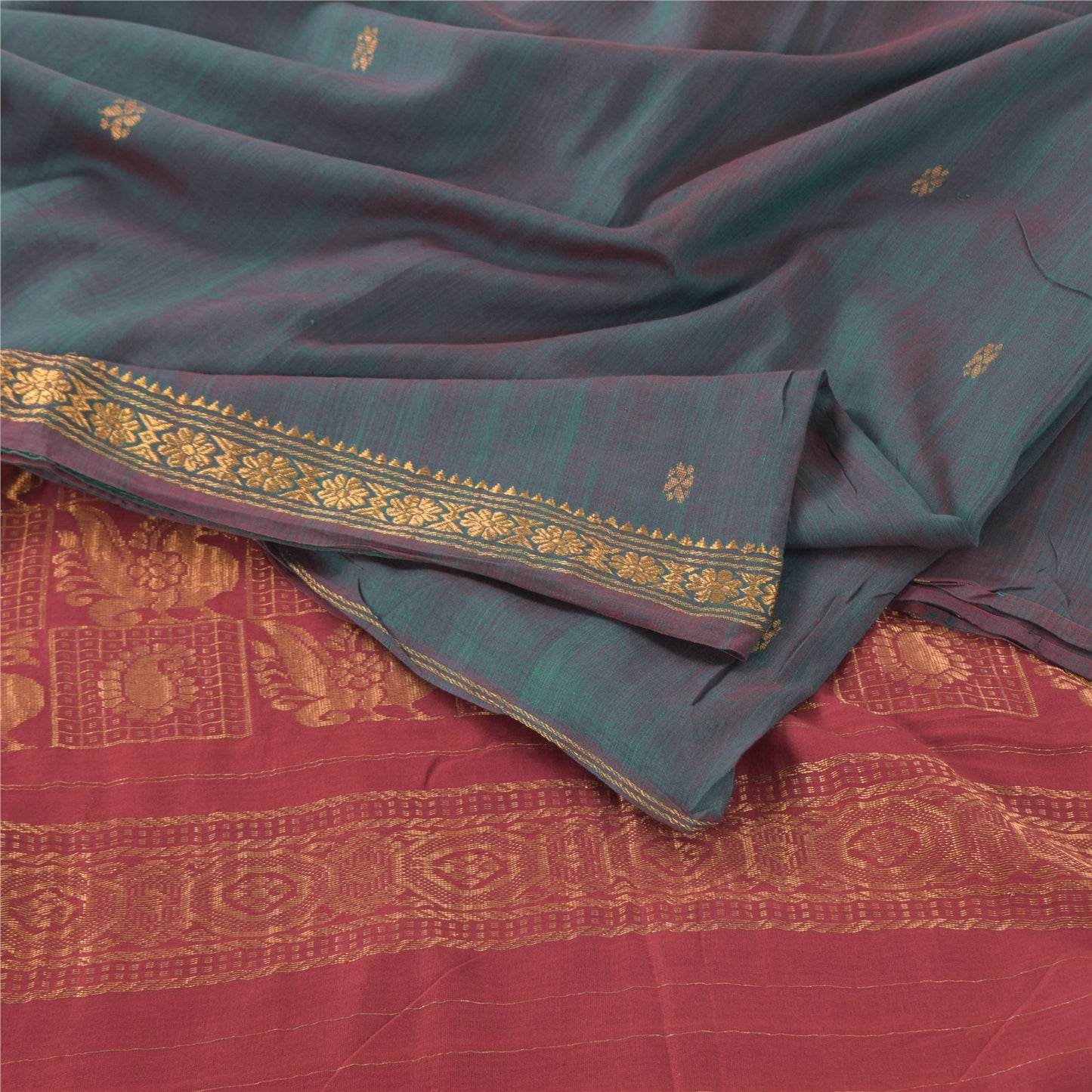 Sanskriti Vintage Green/Red Sarees Pure Cotton Woven Premium Sari Craft Fabric