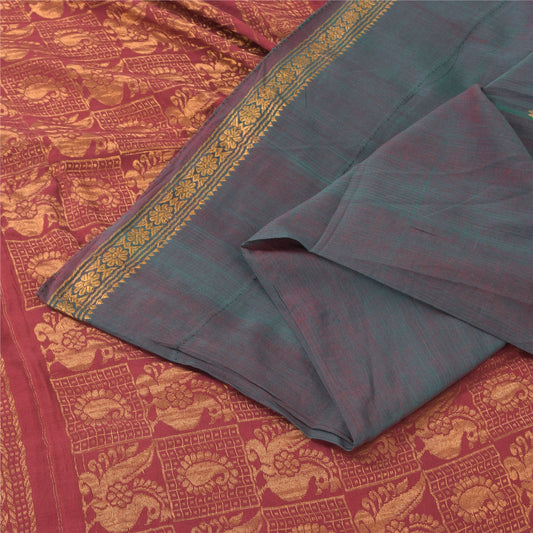 Sanskriti Vintage Green/Red Sarees Pure Cotton Woven Premium Sari Craft Fabric